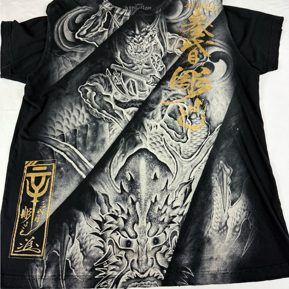 Affliction Black Tee with Gold and White Graphics